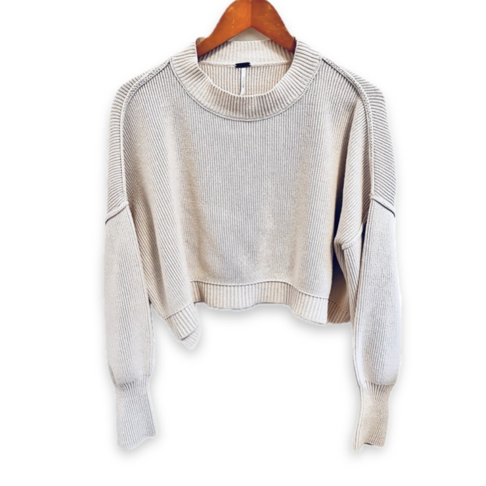 Free People Cropped Ribbed Knit Sweater Beige Oatmeal Cream Boho Crop Pullover